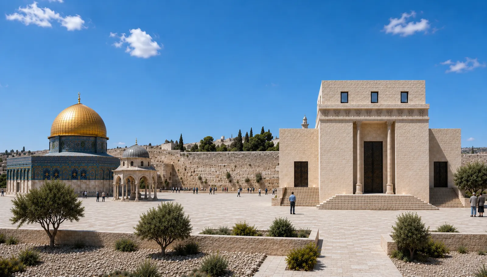 Render of the restored Temple and the Dome of the Rock sharing the platform as one precinct.